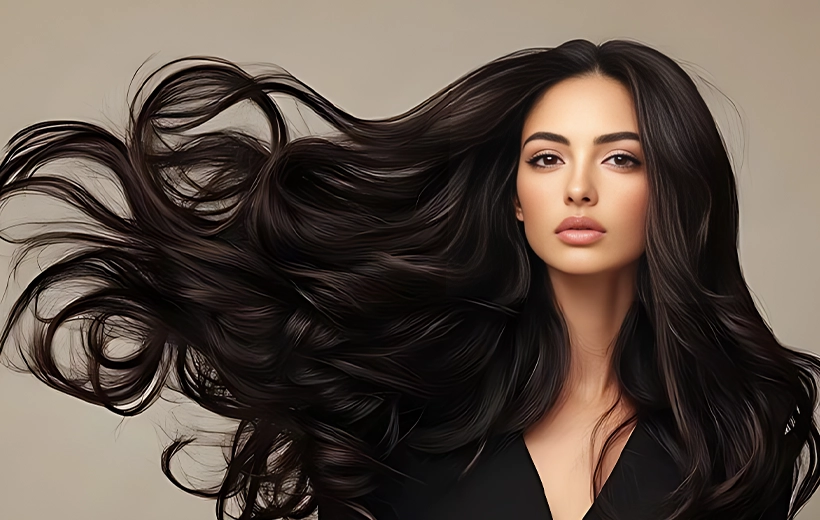 Smooth and glossy long hair with frizz control, deep nourishment and silky texture after professional hair botox treatment