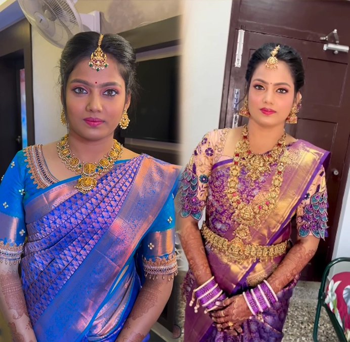 Traditional bridal makeup look with graceful saree styling, detailed eye makeup and temple jewellery for wedding occasions