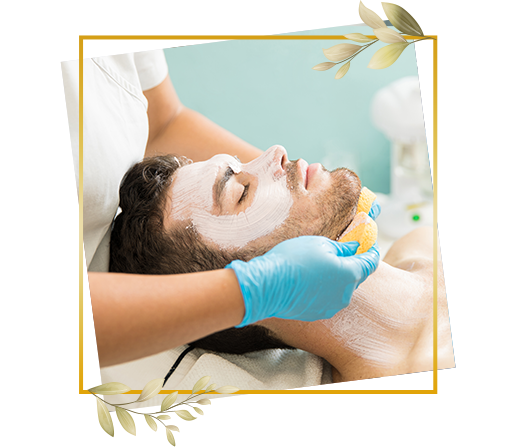 Men undergoing facial treatment with cream mask applied during structured grooming and skincare session
