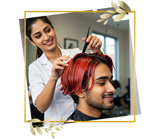 Men’s hair color service in progress as stylist carefully applies rich red shade to short haircut