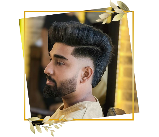 Man with fresh fade haircut and professionally styled hair after men’s salon grooming and hair styling session.