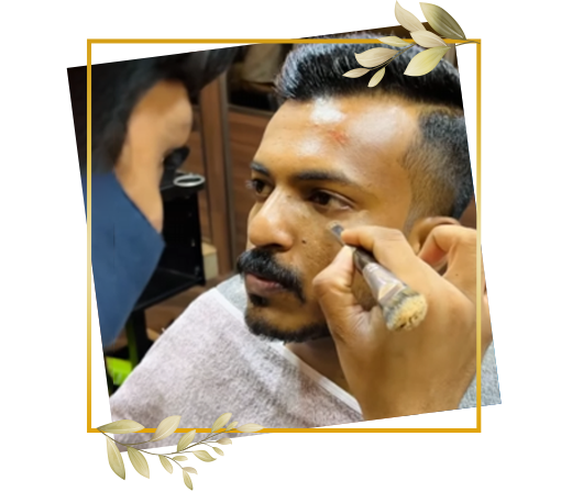 Precision face makeup application for men inside professional salon setting