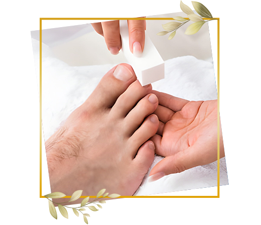 Men's pedicure service in progress showing detailed toenail cleaning and foot grooming for neat and well maintained appearance